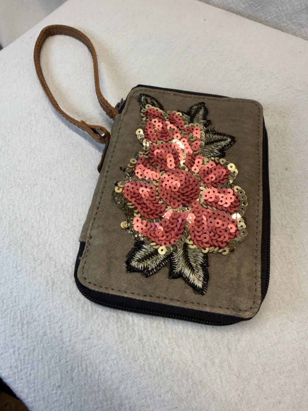 Earthy Canvas Wristlet with Sequin Rose Design Zip Closure Inside Zipper Vegan